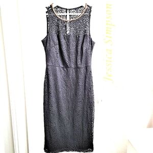 Black Jessica Simpson Size 10 Lace Midi Dress- Embellished Neckline